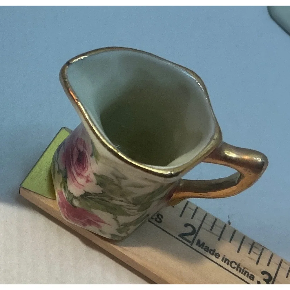 Vintage Miniature Tea Set Porcelain Rose Floral Gold Trim 6pc Set
